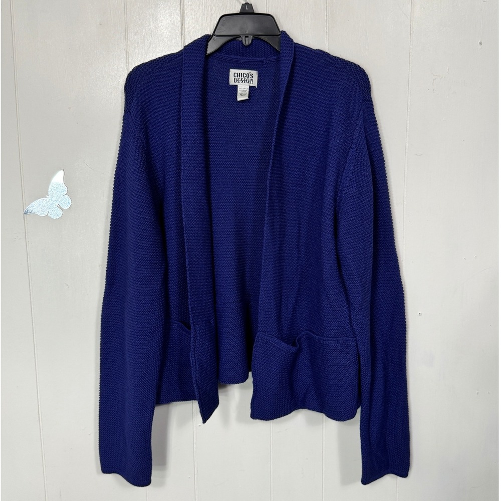 Chico's Design Cardigan Sweater Womens Size 3 XL Blue Open Front Knit Vintage